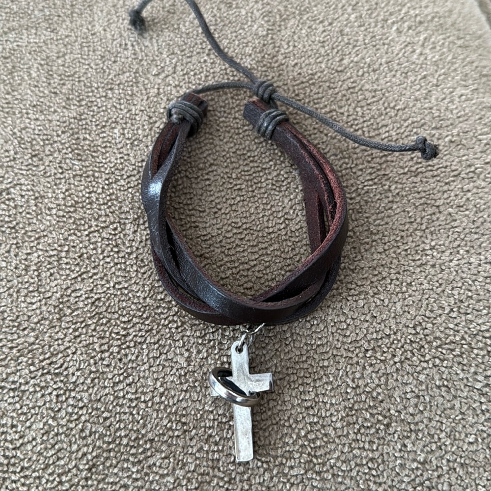 Brown Braided Leather Bracelet With Silver Tone Cross Charm (TD)